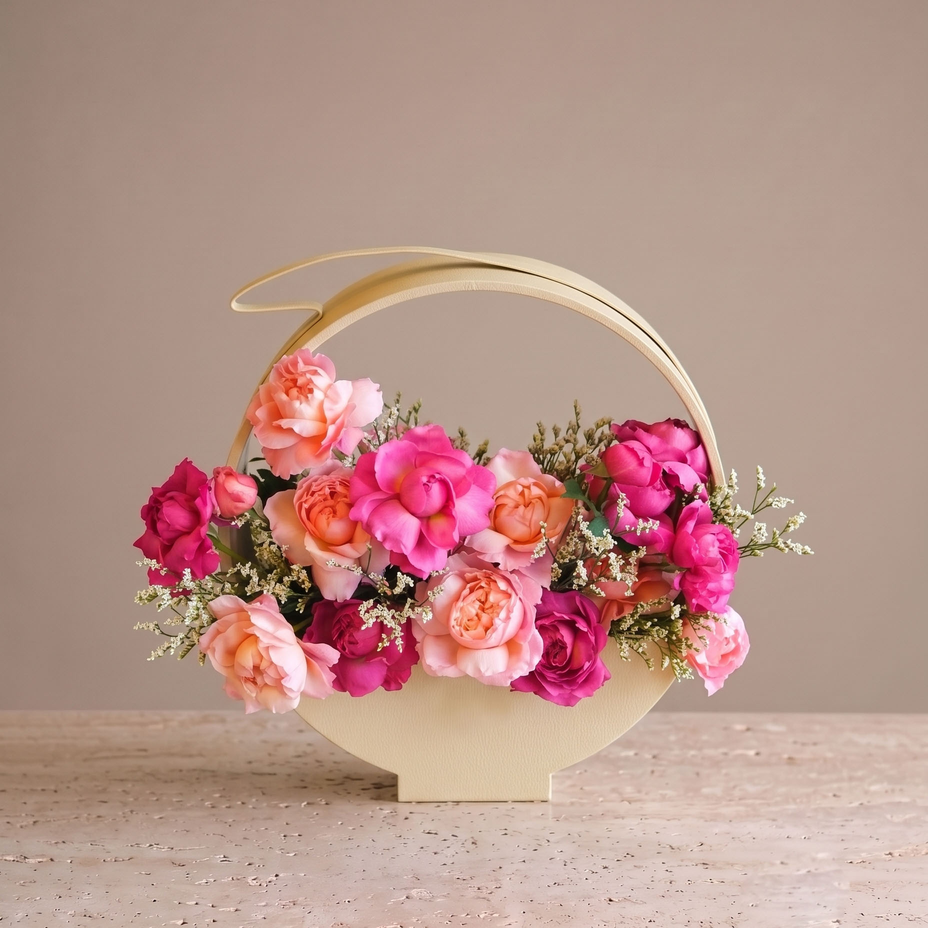 Pink floral leather basket